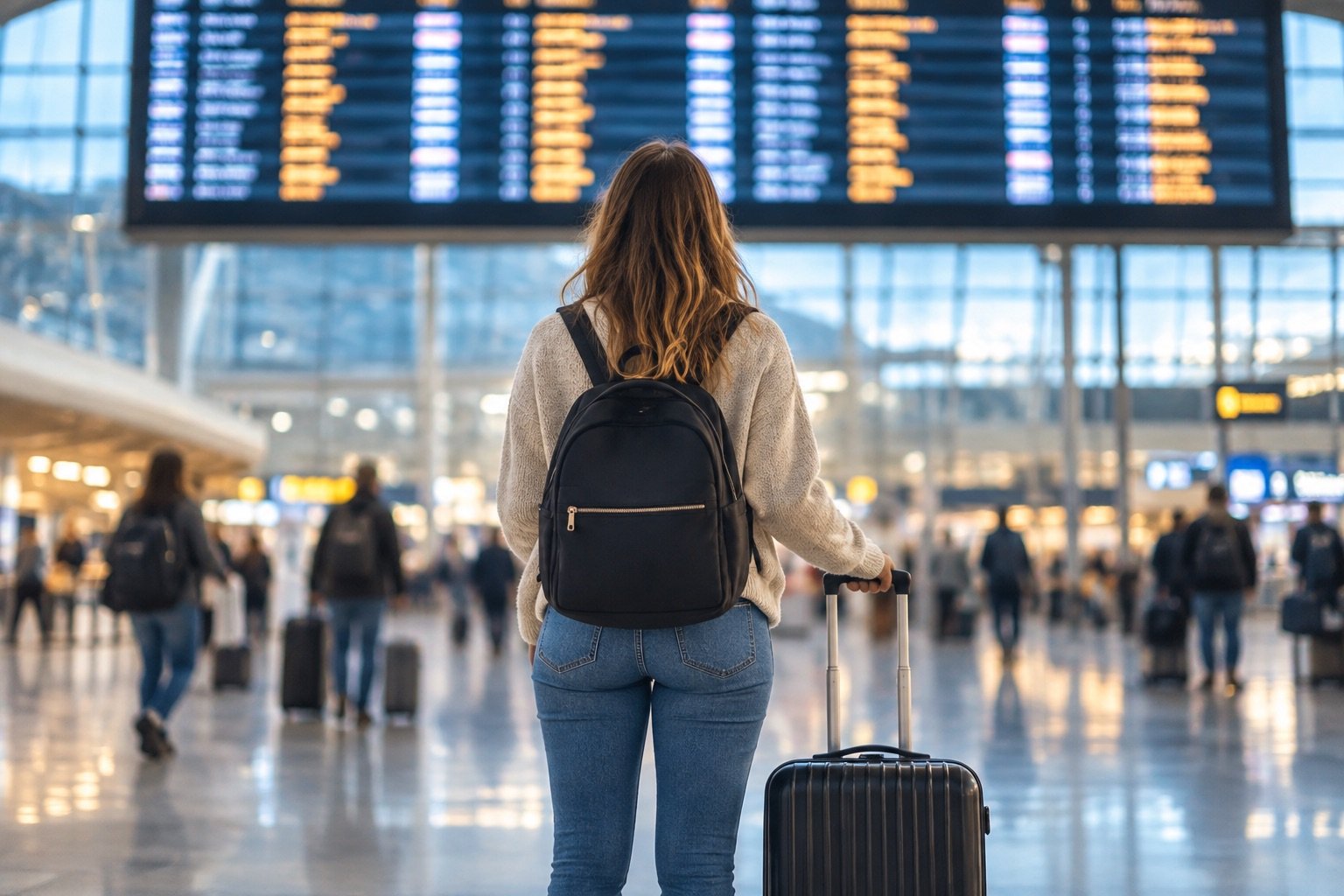 Viajante com mala consultando um painel de voos.