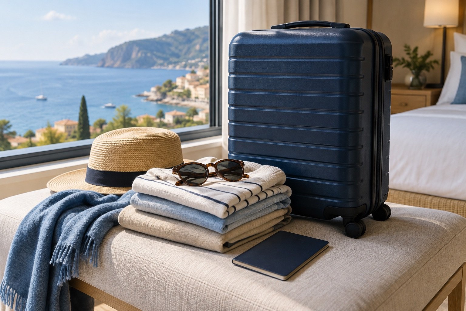 Mala, roupas e itens organizados para uma viagem.